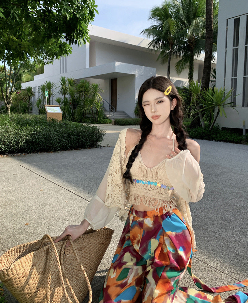 Dopamine pants Free shipping Tattoo 2024 oil painting color dopamine summer cool pants seaside vacation Yunnan Sanya travel style wide-leg trousers