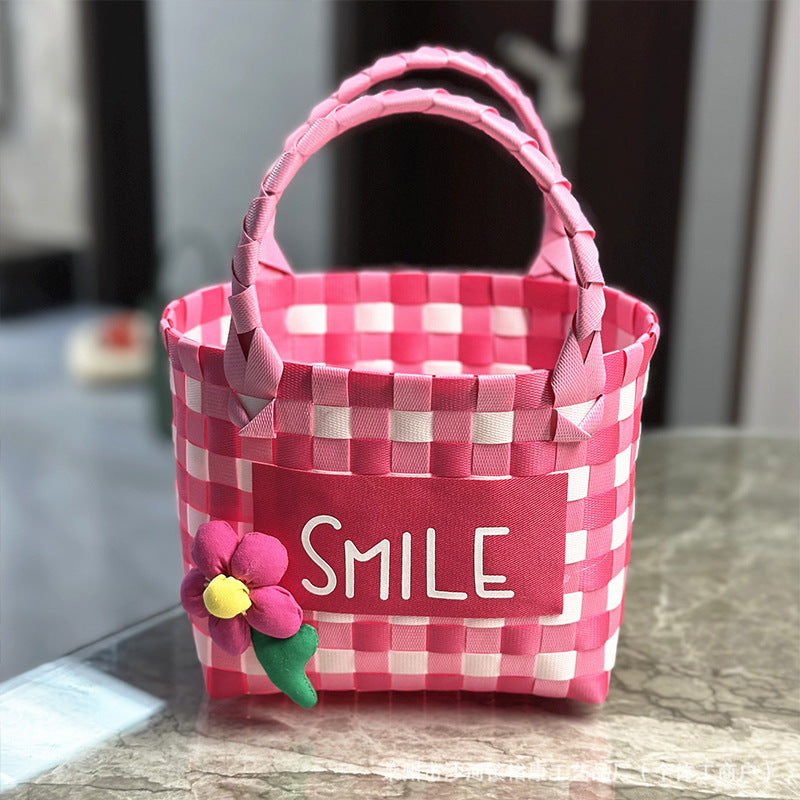 Dopamine Bag Free shipping Tattoo Cartoon dopamine plastic woven bag, trendy macaron hand-woven vegetable basket bag, cute casual seaside beach bag