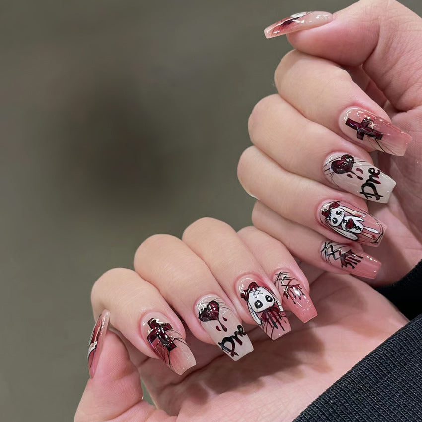 Fashion  nail Cross-Border Halloween Wear Nail Ghost Doll Cross Short 24 Pieces Fake Nail Patch Nail Sticker Wholesale W11