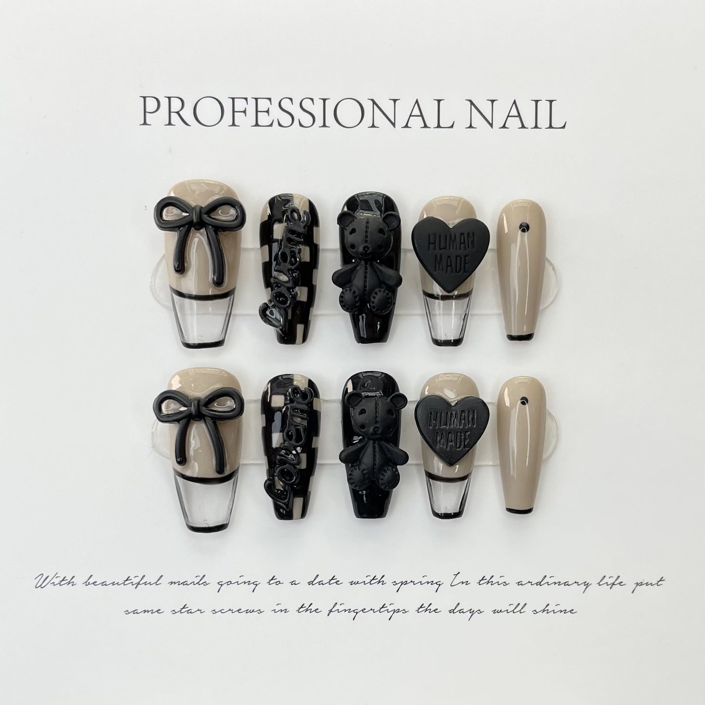 (reusable nail)【纯手工实拍】手工穿戴甲贴片棋盘格小熊爱心穿戴甲美甲可拆卸
