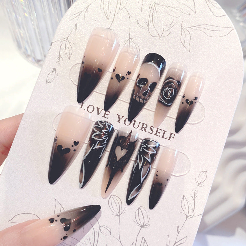 Fashion  nail Halloween Skull Night Rose Fake Nail Patch Dark Punk Fashion Manicure Wear Nail Tip Finished Product B68