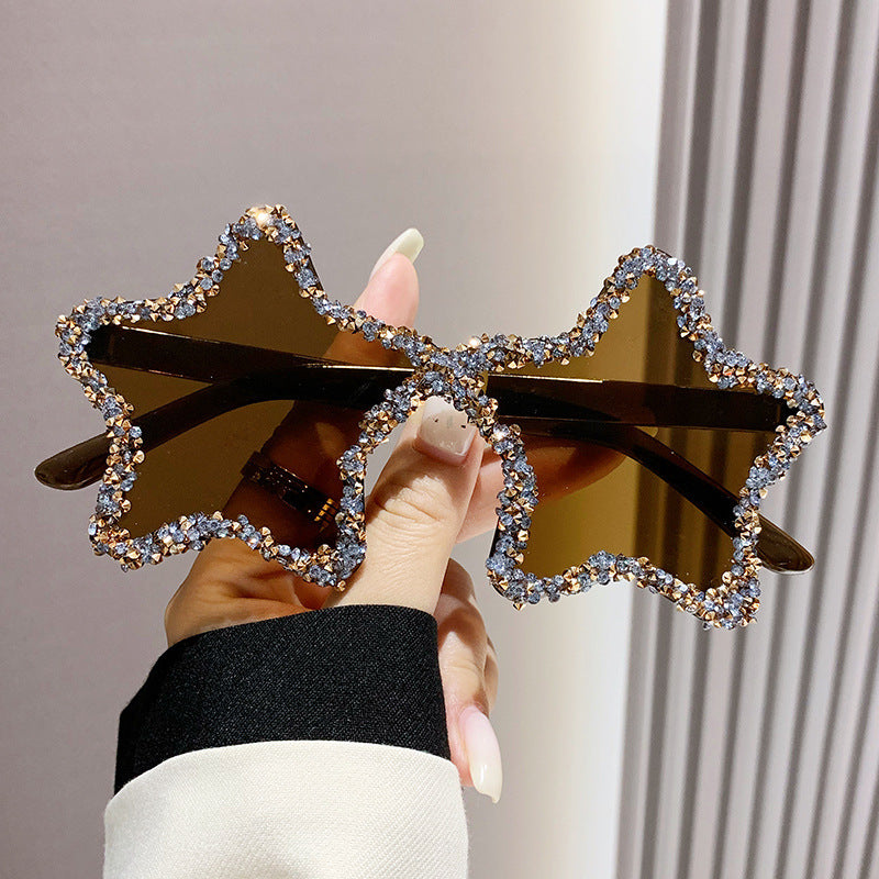 Women's fashion glasses 欧美新款五角星跨境镶钻无框太阳镜女时尚个性拍照墨镜夸张舞会