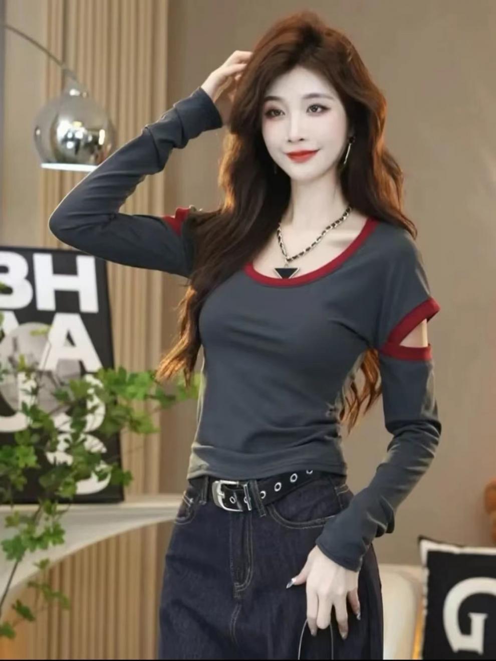 Free shipping Tattoo Douyin 2024 new autumn and winter contrasting color U-neck long-sleeved slim-fitting T-shirt foreign style bottoming shirt top women tops