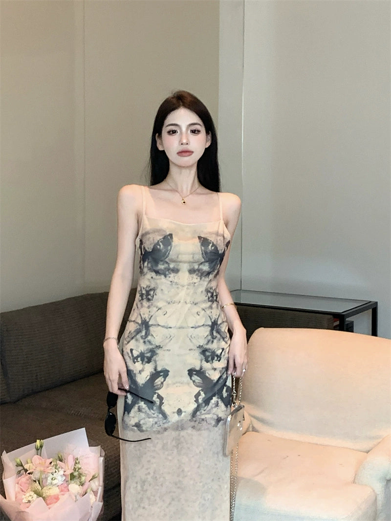 Fashion women's wear Women's French-Style Tie-Dyed Printed Suspender Dress Summer Elegant Waist Slimming Sexy Sheath A- line Dress for Hot Girls