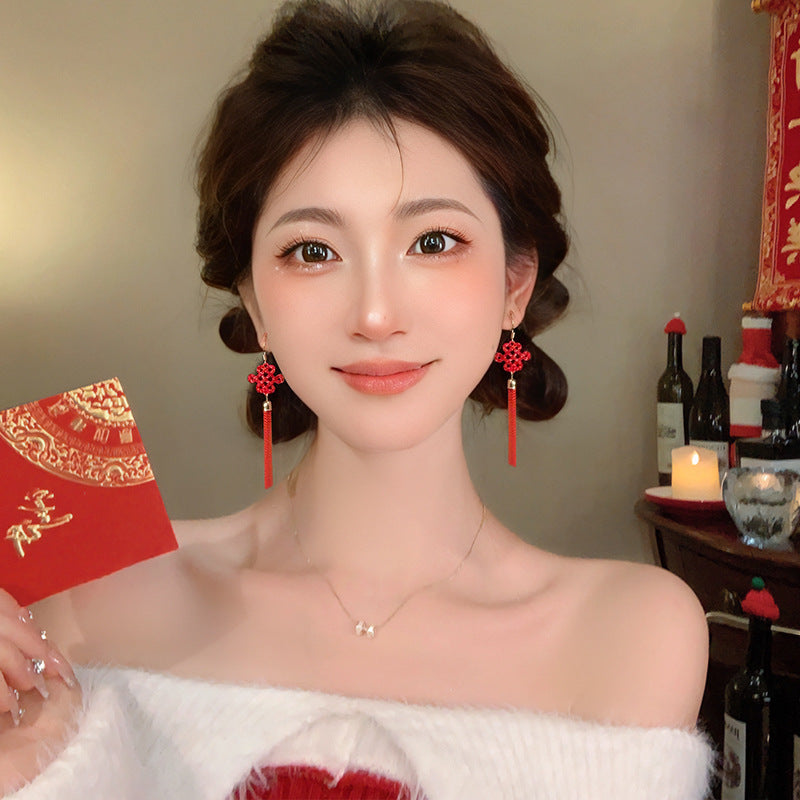 镶钻锆石中国结流苏耳扣过年喜庆百搭耳环新年高级感气质耳饰批发
