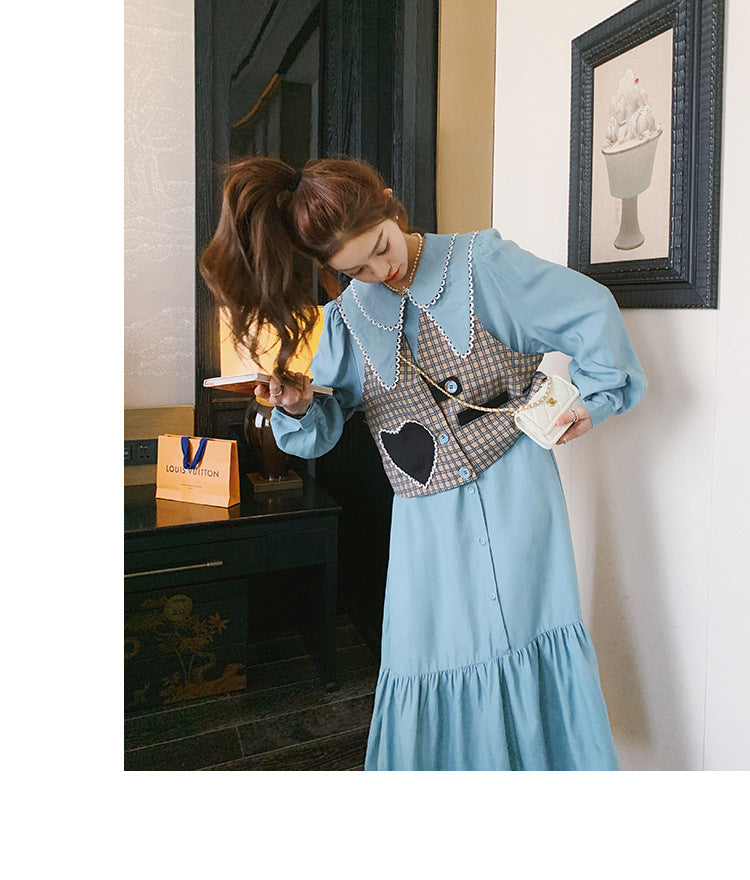 Fashion women's wear Real Shot Tea Series Ladies Long Sleeves Dress Women's Spring and Autumn French Style Gentle Cut Women's Wear Love Vest Suit Skirt