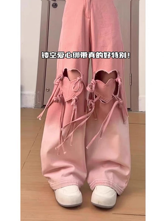 Free shipping  Dopamine pink love ripped jeans women's 2024 new summer design sense gradual change loose wide-leg pants