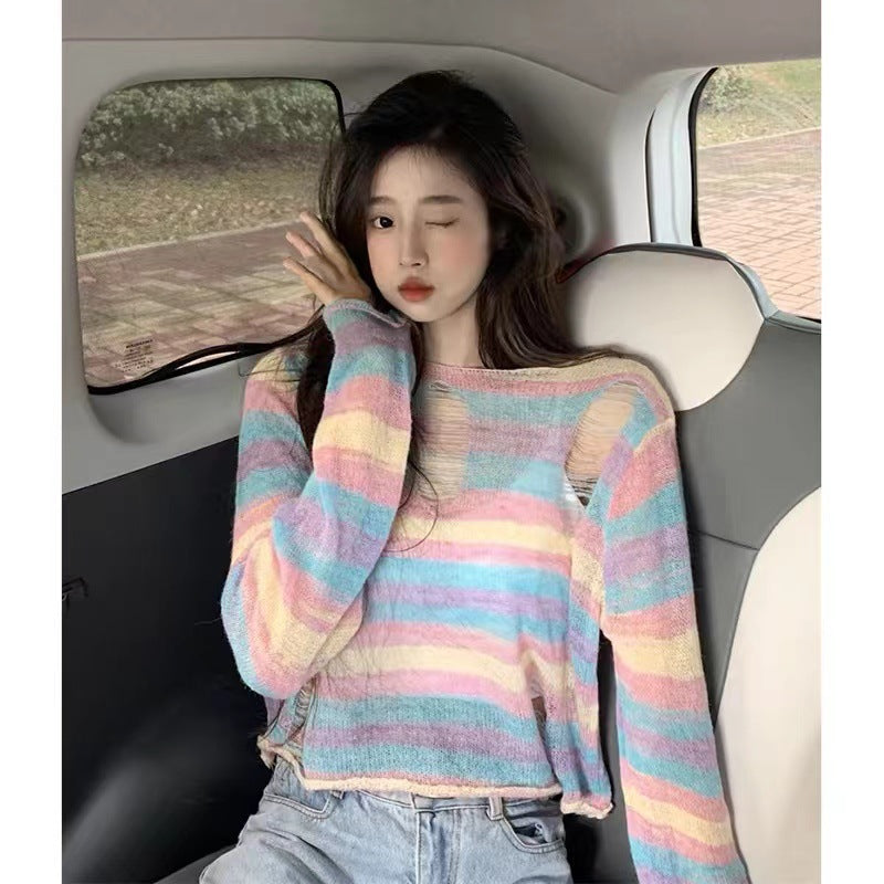 Dopamine tops Free shipping Tattoo Dopamine suction rainbow striped long-sleeved t-shirt women's early spring niche ripped design knitted sweater short top