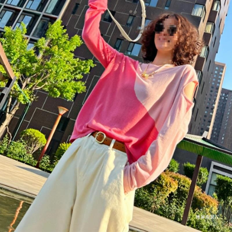 Dopamine tops Free shipping Tattoo 2024 early autumn new women's clothing contrasting colors hollow long-sleeved dopamine T-shirt design sense niche non-collision top