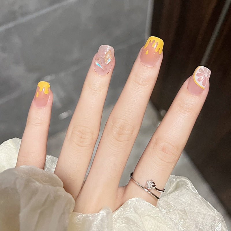 极光柠檬穿戴甲闪闪指甲贴片流心美甲片清凉假指甲片美甲贴片成品