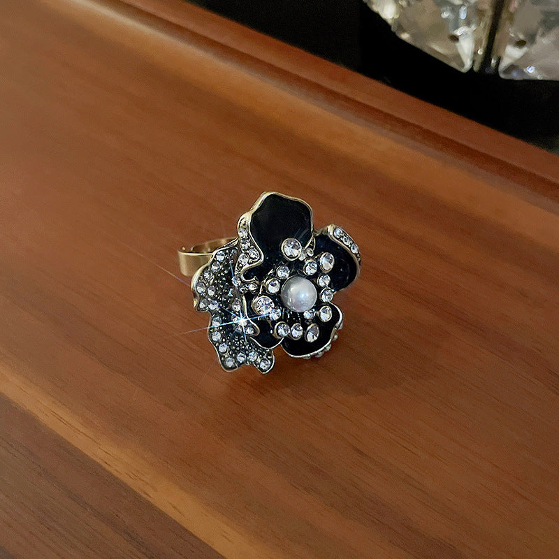 中古银针镶钻珍珠滴油花朵耳环复古高级感耳钉小众时尚耳饰批发女