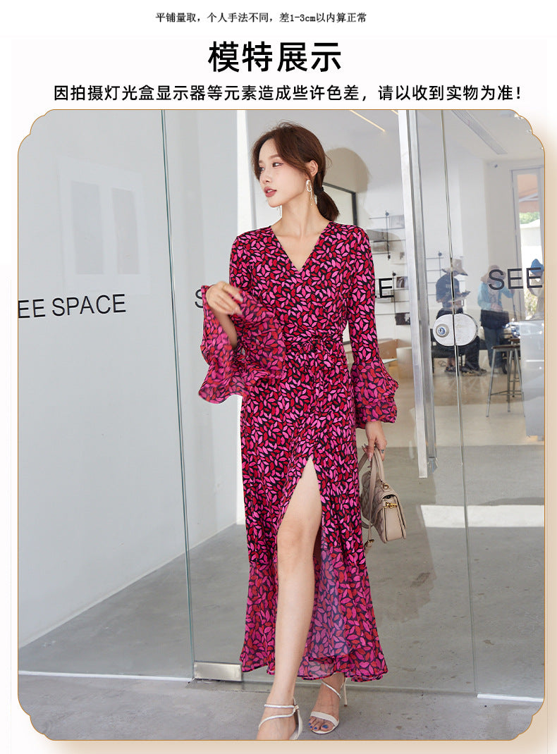 Fashion women's wear Small Red Lip Lantern Sleeve Collarless Long Dress One-Piece Elegant New Leopard Print Printed V-neck Lace-up Wrap Skirt