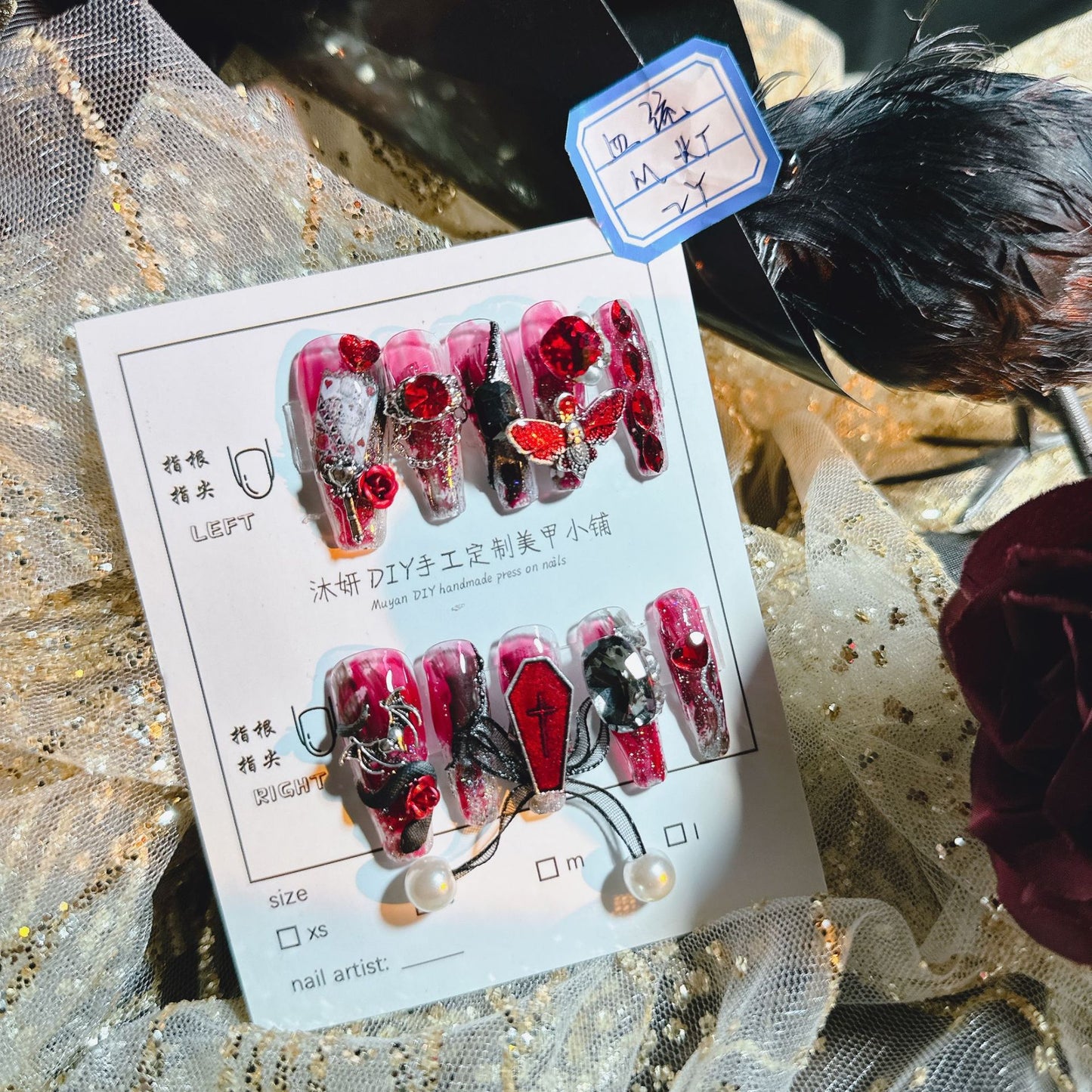 (Hand-Made Nail) Yanyan Handmade Nail Real Shot Dark Vampire Nail Beauty Blood Style Super Cool Crochin Hot Girl Personalized Wear Nail