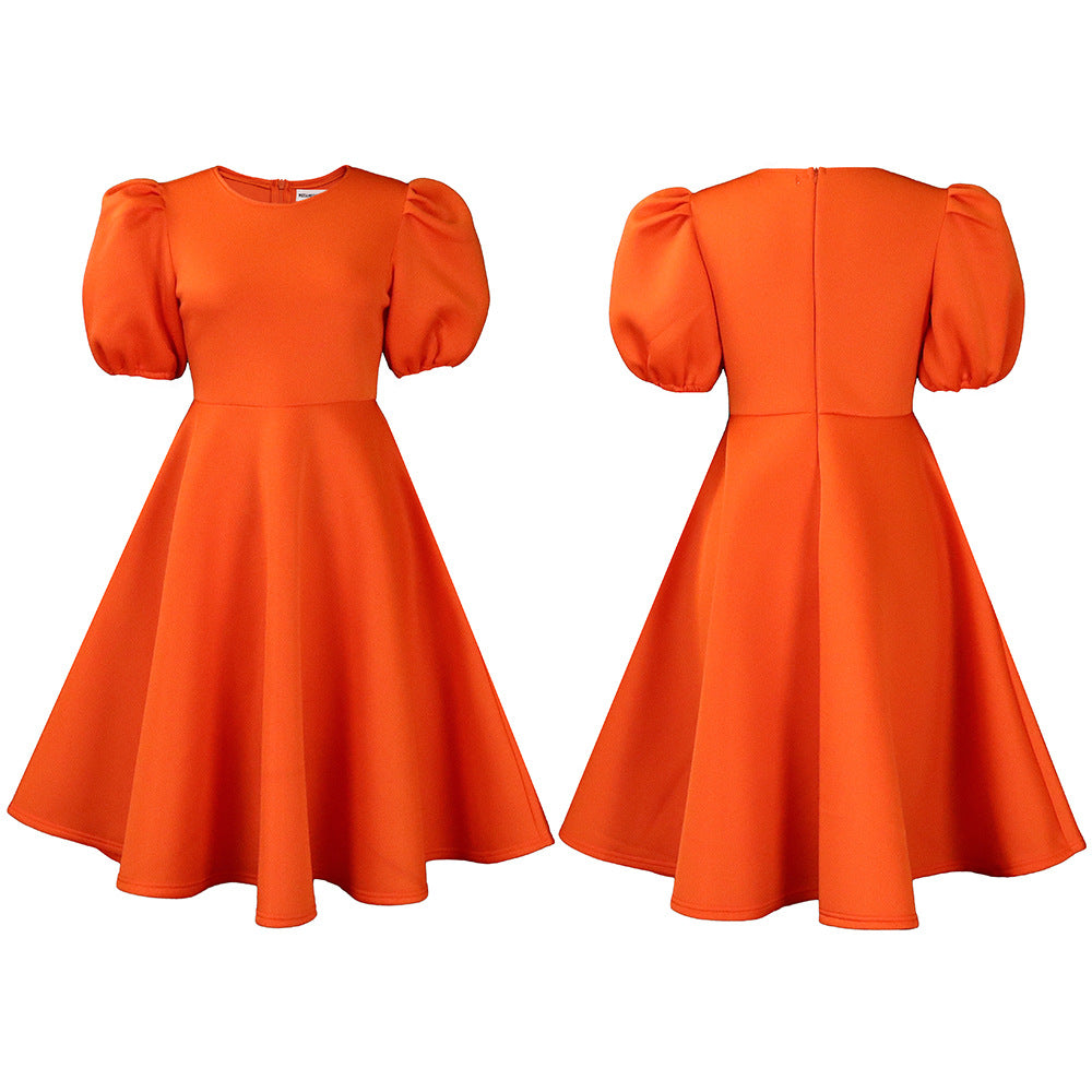 Fashion women's wear Cross-Border European and American Amazon Summer round Neck Graceful Puff Sleeve Waist-Controlled Large Hem Elegant A- line Foreign Trade Dress