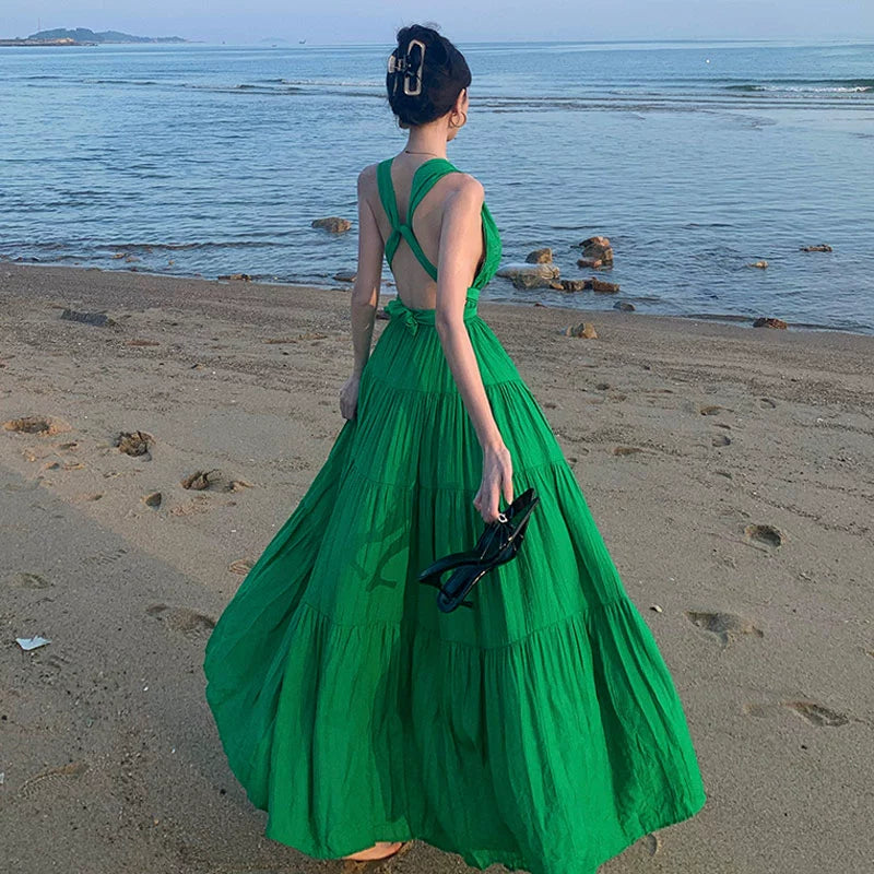 Dopamine dress Free shipping Tattoo Dopamine Island Wear Sexy Big Halter Green Strap Neck Dress Women's Summer Seaside Vacation Dress