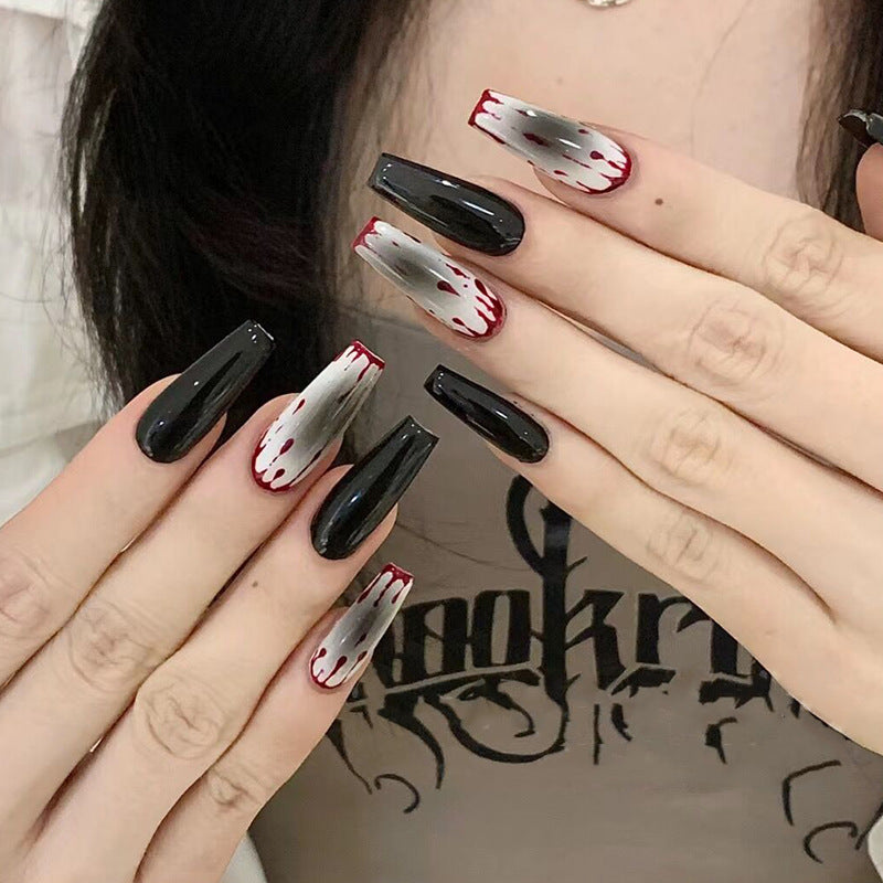 万圣节血滴穿戴甲腮黑指甲贴片美甲片长款假指甲欧美款美甲贴成品