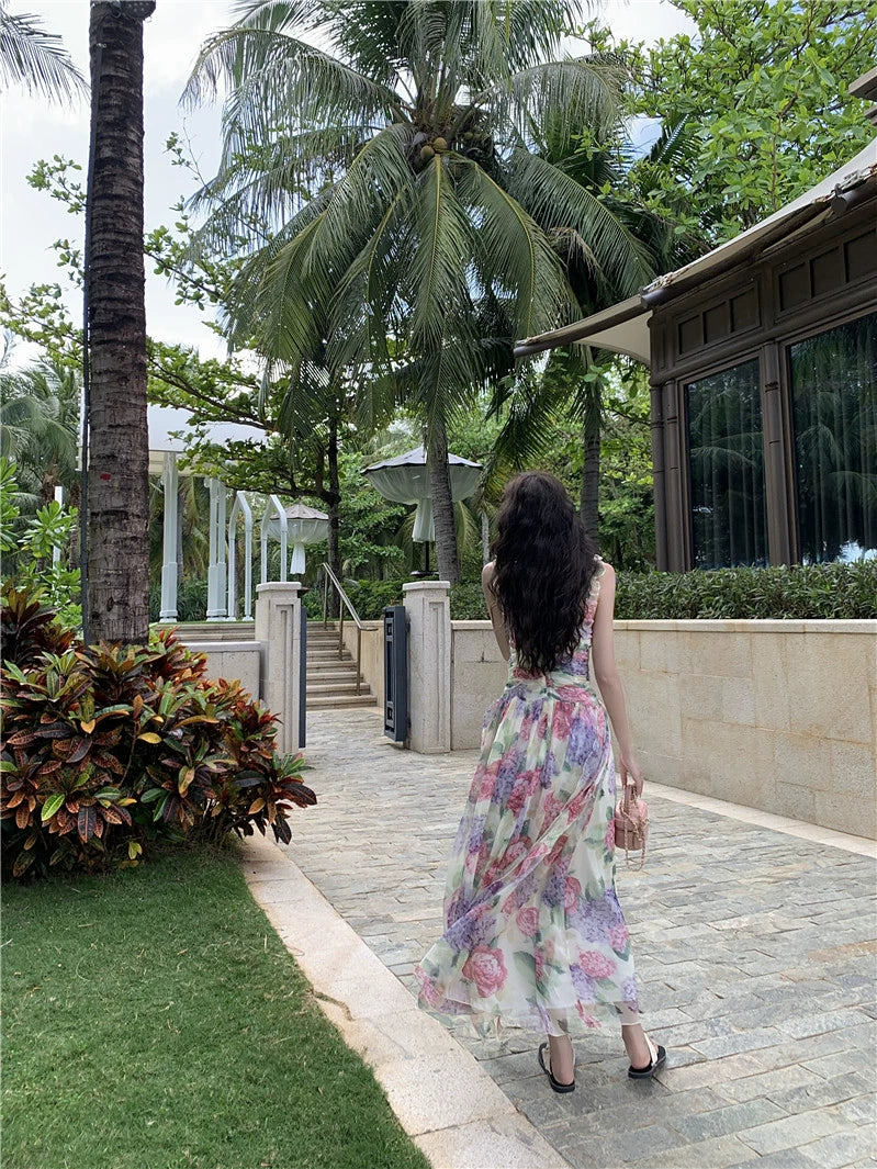 Fashion women's wear French Sweet Gentle Spaghetti-Strap Ruffle Floral Dress Women's Summer Vacation Fairy Large Swing Suspender Dress
