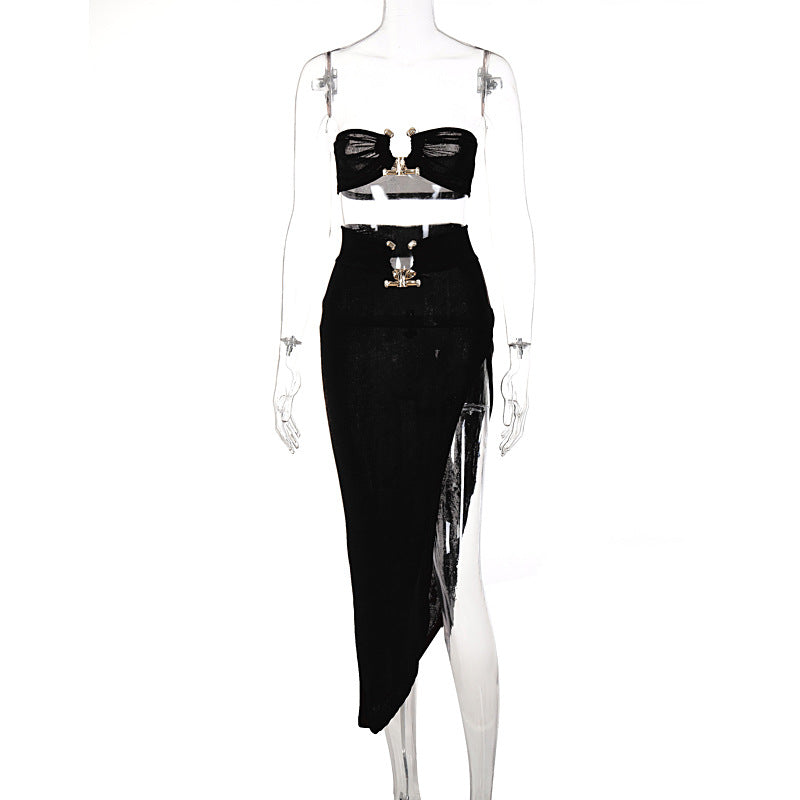 Fashion women's wear  Women's Clothing New Tube Top Open Navel Backless Top Sexy Slit Sheath Skirt Two-Piece Set