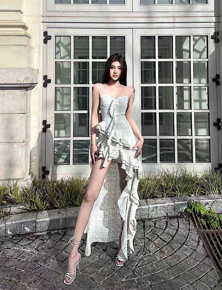 Fashion women's wear French Hot Girl Ruffled Spaghetti Straps Dress Women's Pure Desire Style Summer New Irregular High-Grade Temperament Long