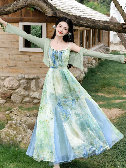 Dopamine dress Free shipping Tattoo Summer Dopamine Women's Retro French Style Green Suspender Dress with Cardigan Fairy Holiday Dress
