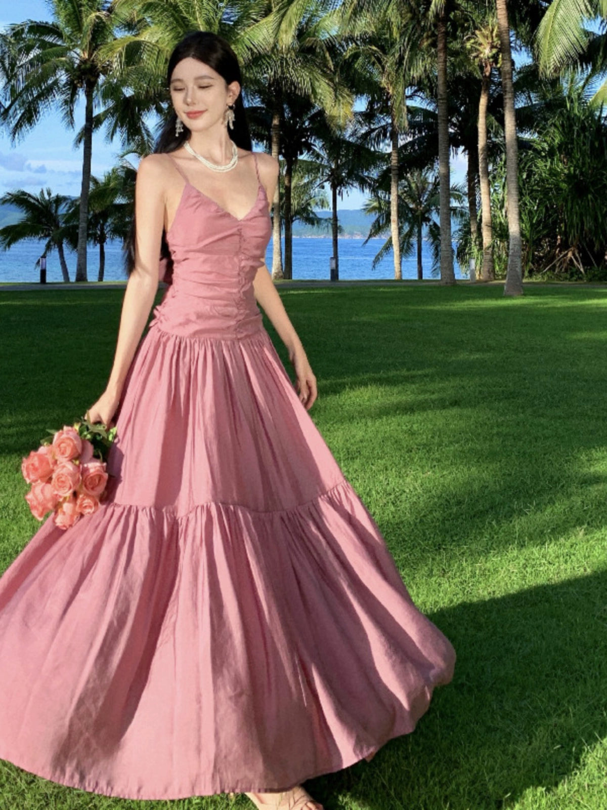 Fashion women's wear Beautiful Dopamine Special-Interest Design Lace-up Pleated Backless Vacation Style Sling Dress High-Grade Sense Temperament Long Dress