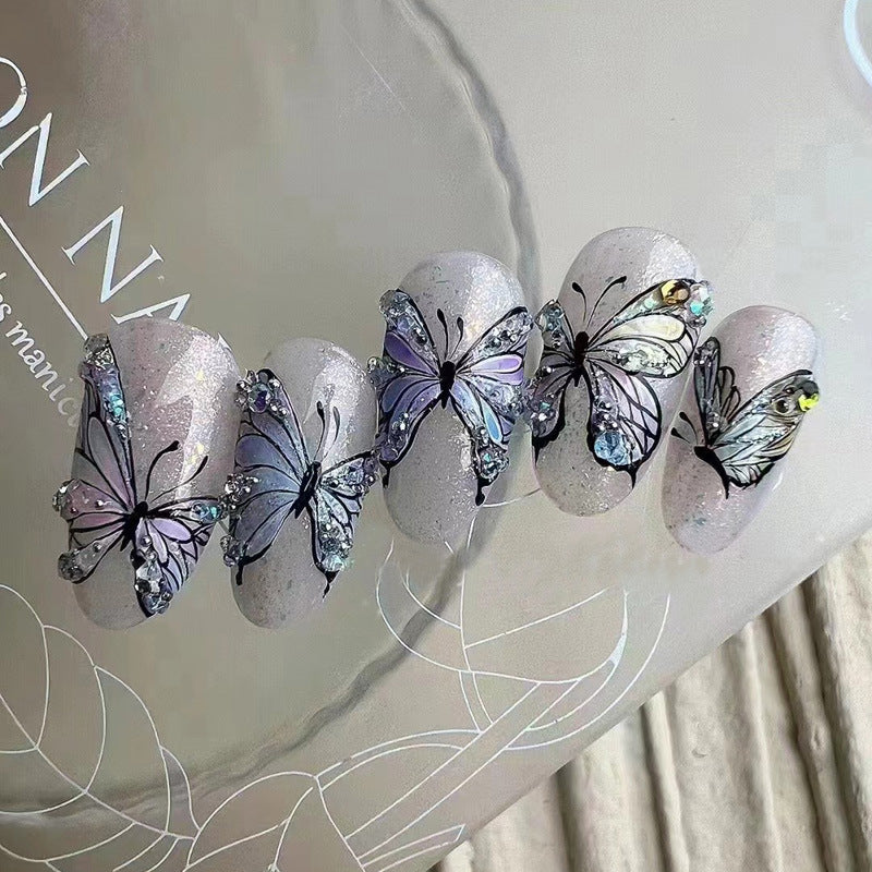 (Hand-Made Nail) Painted Pink Three-Dimensional Gradient Butterfly Handmade Wear Armor Finished Detachable Flash Aurora Diamond in the Debris Bride