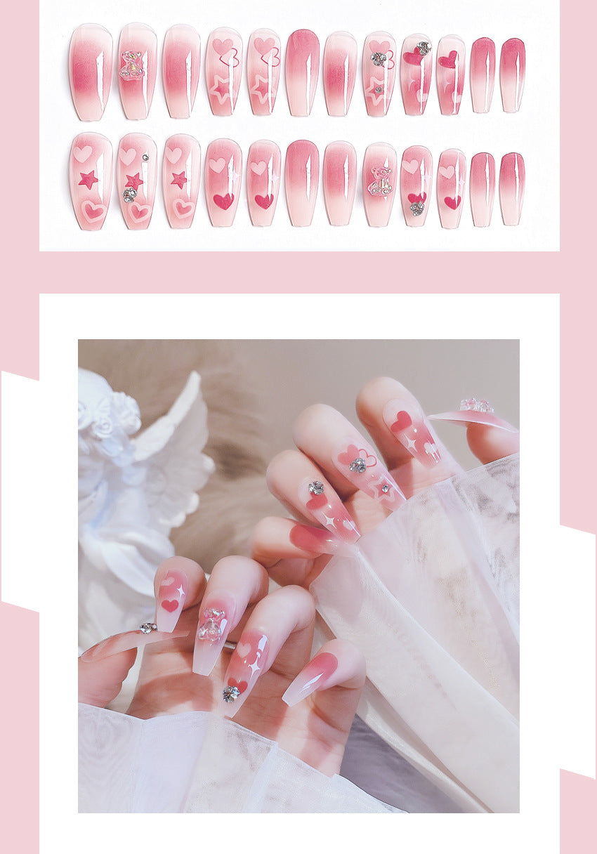Fashion  nail New Bear Peach Heart Cute Long Finished Nail Beauty Wearable Fake Nails Removable Nail Tip Wearable Nail X75