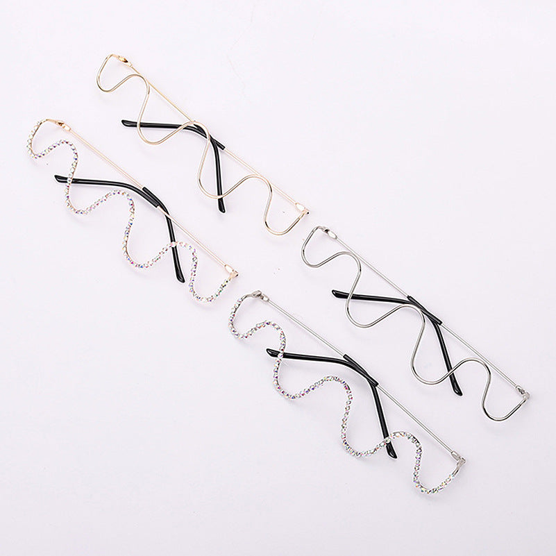 Women's fashion glasses波浪镶钻ins无镜片凹造型网红眼镜框架潮个性装饰线条显瘦素颜镜