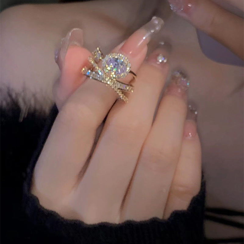 真金电镀精致百搭锆石开口戒指女轻奢小众叠戴个性设计食指戒批发