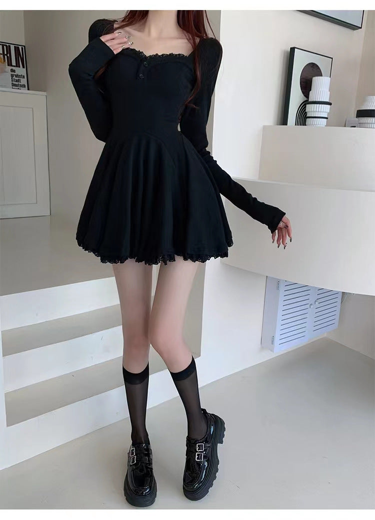 Fashion women's wear Gray Hot Girl Long Sleeve Dress Women's Clothing Autumn Sweet Lace Small Temperament Waist-Controlled A- line Skirt