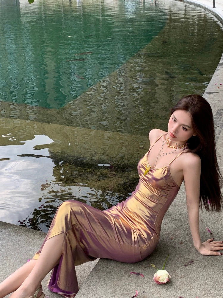 Fashion women's wear Beautiful Green Luminous Fabric Gradient Color Backless Slim Fit Sling Dress Women's Long Skirt 2024 New