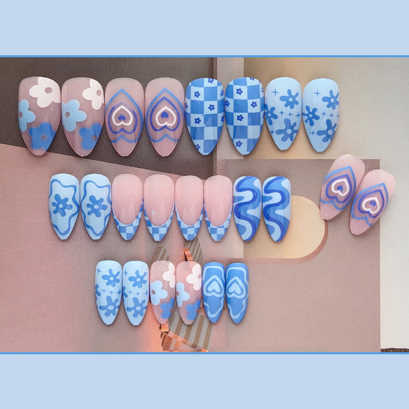 天蓝爱心穿戴甲不规则nails 诺顾美甲片外贸假指甲杏仁甲美甲贴片