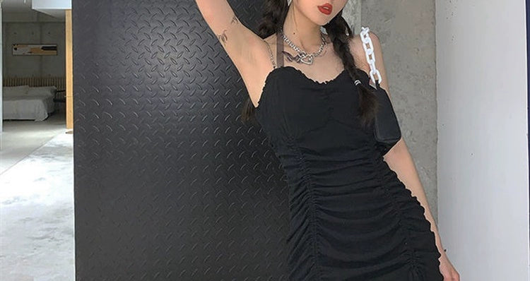 Fashion women's wear Sweet and Spicy Suspenders Dress Women's Summer Waist-Tight Design Sense Niche Drawstring Pure Desire Sexy Hot Girl Short Hip Skirt