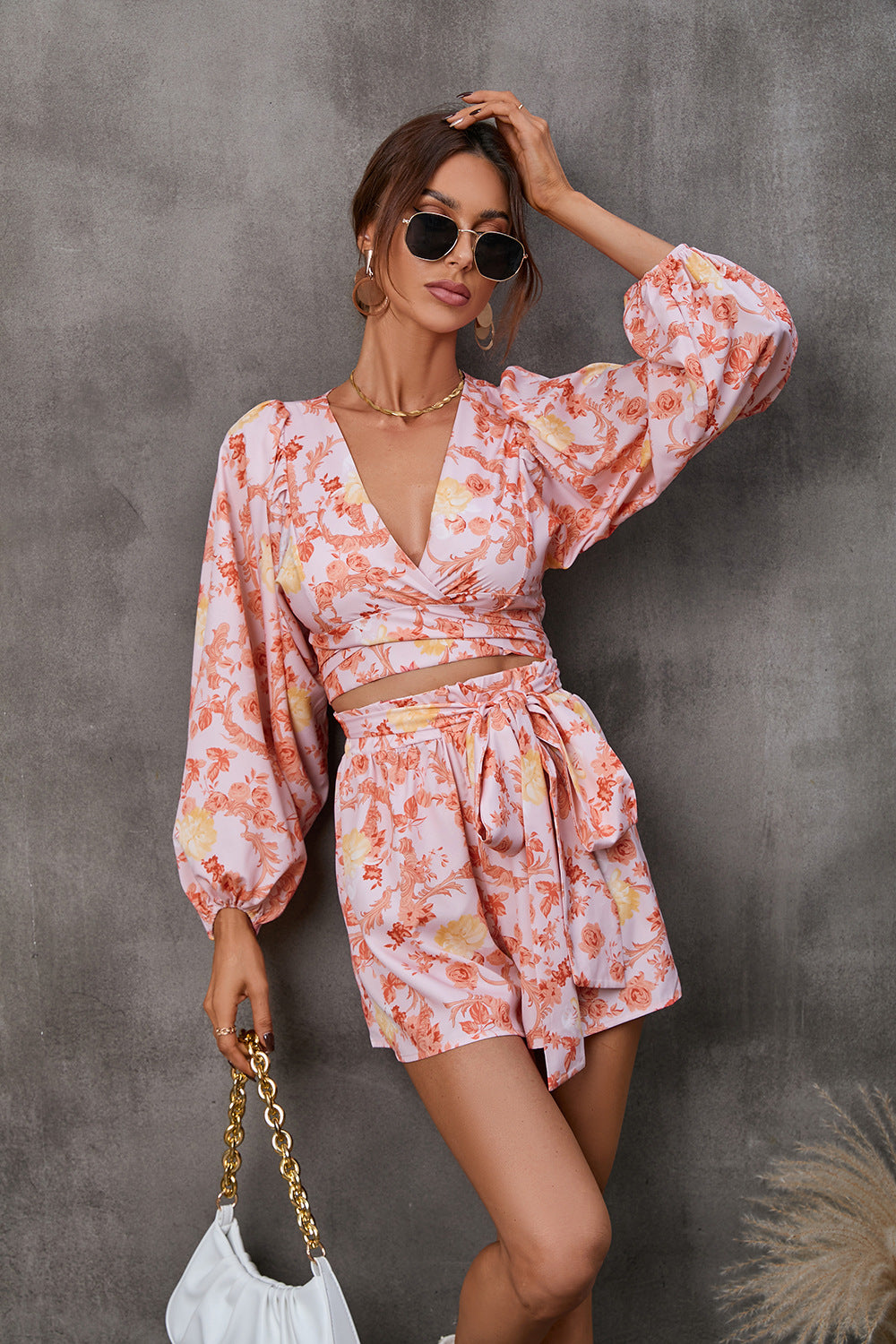 Fashion women's wear   Autumn Flower Long Sleeve Shorts V-neck Jumpsuit