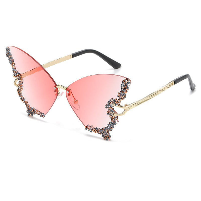 Women's fashion glasses 跨境2024新款蝴蝶形状镶钻无框太阳镜女时尚个性夸张墨镜欧美网红