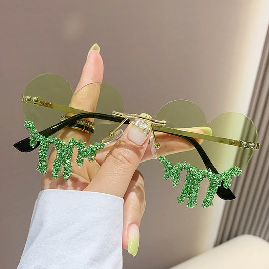 Women's fashion glasses 跨境个性爱心眼泪太阳镜女水钻无框趣味拍照墨镜高级感镶钻太阳镜