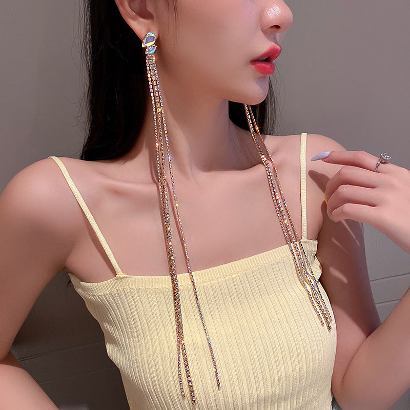 925银针镶钻长款流苏耳环欧美设计夸张甜酷风时尚耳坠气质耳饰女