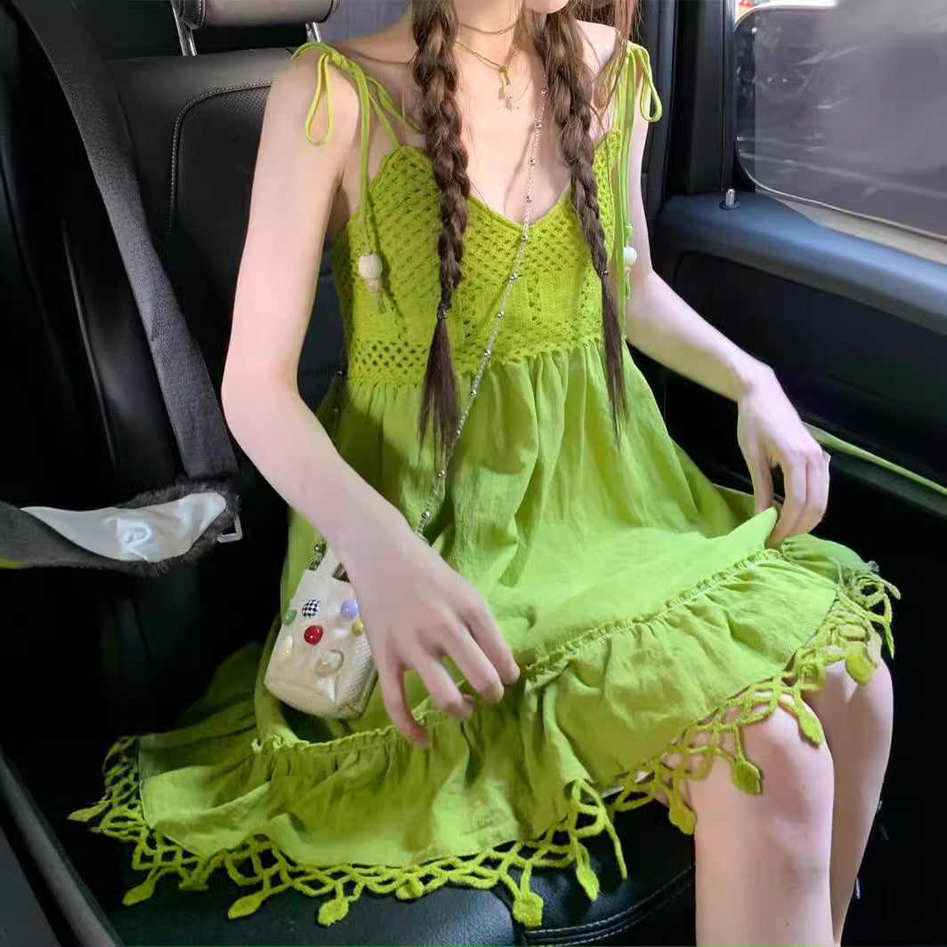 Dopamine dress Free shipping Tattoo Avocado green knitted hollow fringed suspender dress women's summer seaside vacation wind summer dopamine skirt