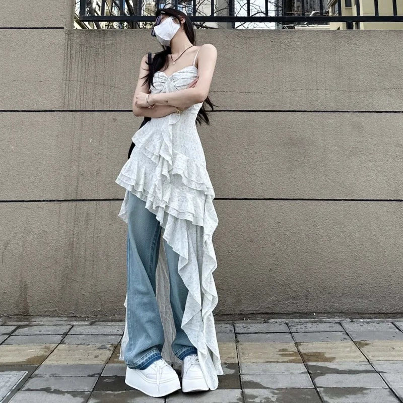 Fashion women's wear Seaside Vacation Style Tea Break French Strap Long Skirt Niche Design Irregular Ruffled Waist-Tight Dress
