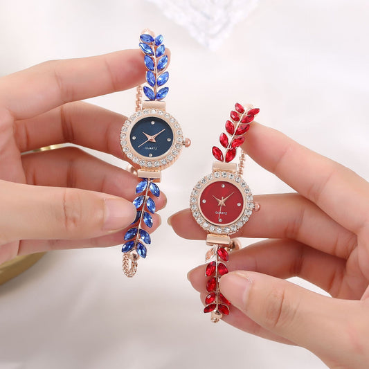 Fashion women's watch2023 New Wholesale Korean Fashion Green Leaf Diamond round Women's Watch Free Adjustment Bracelet Women's Watch