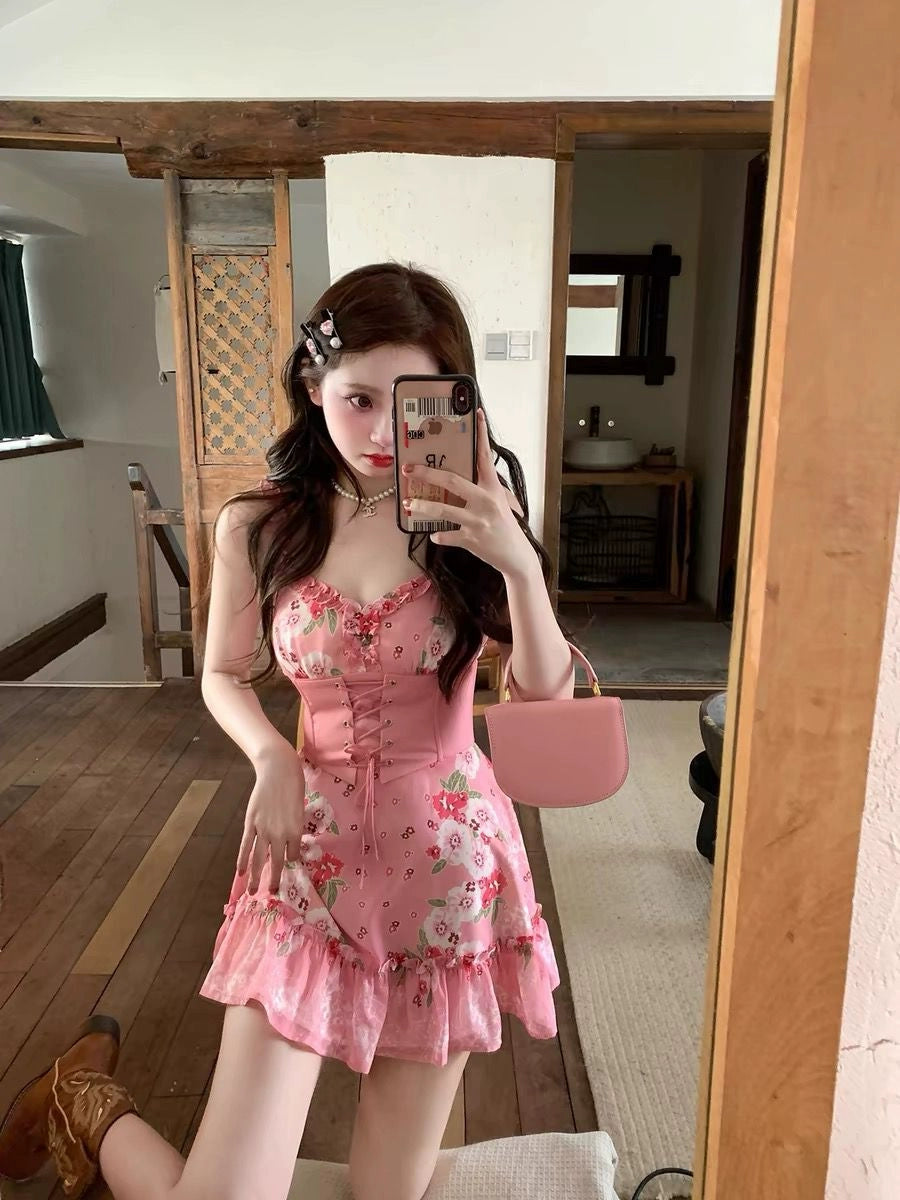 Dopamine dress Free shipping Tattoo Summer sweetheart pink suspender dress women's summer high sense small man pure desire wind dopamine princess A-shaped dress