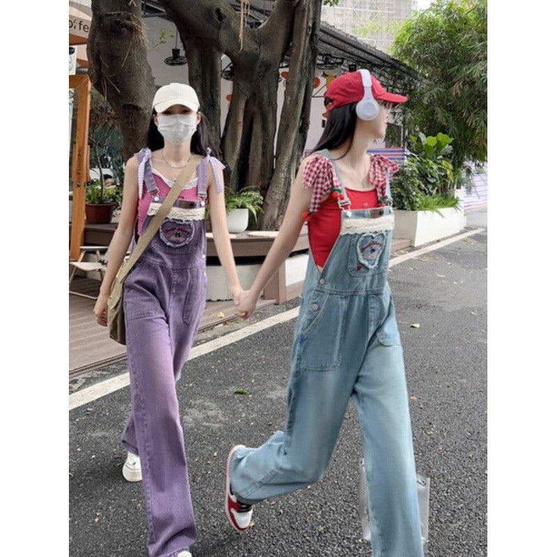 Dopamine pants Free shipping Tattoo Dopamine Denim Overalls Women's Autumn Korean Edition Loose and Cute Student Age Reduction Small Straight Jumpsuit