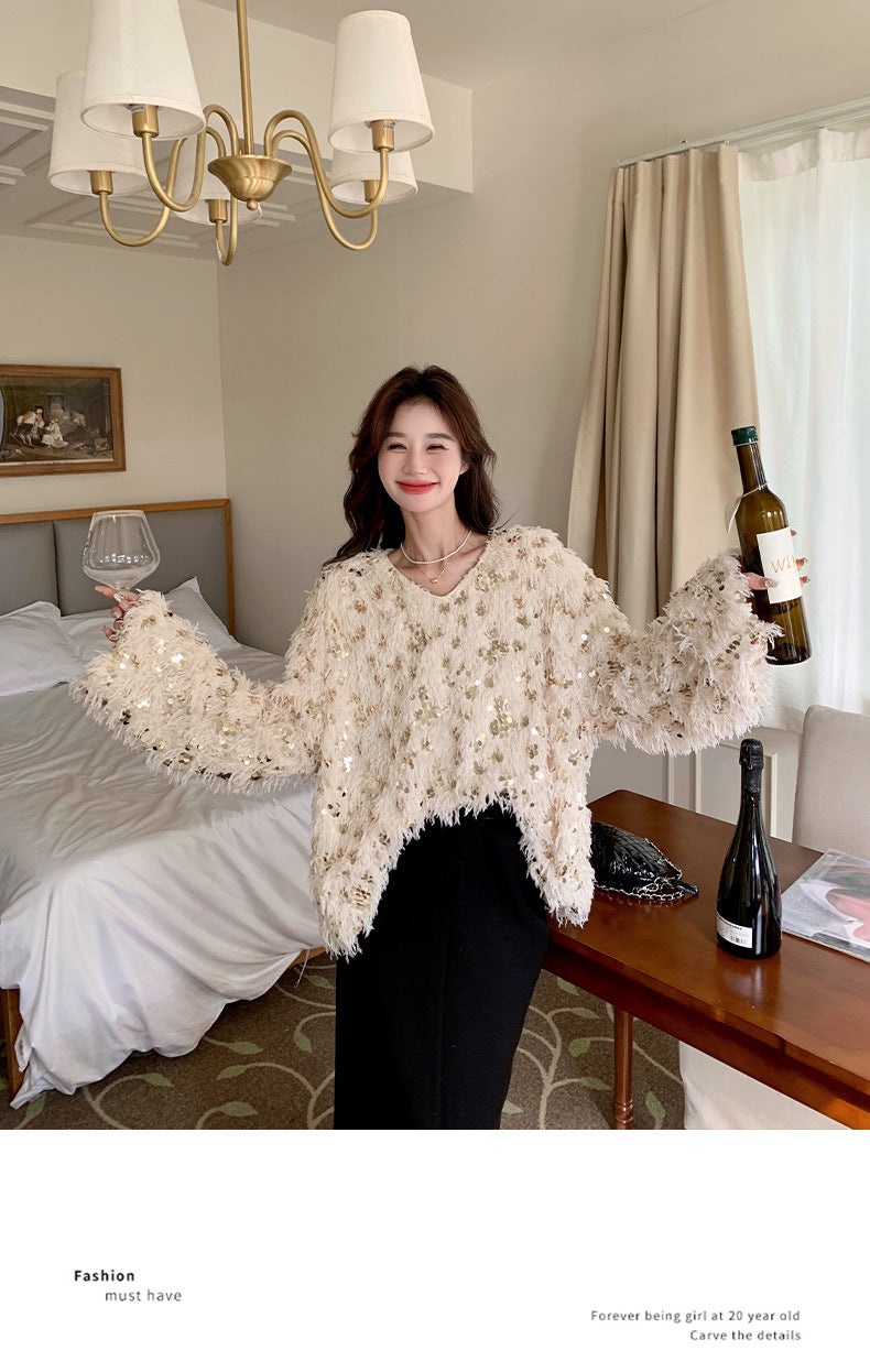 Fashion women's wear Real Shot Shiny Annual Meeting Festival Atmosphere Handmade Sequined Feather V-neck Sweater Spring Inner Wear Sweet Dress