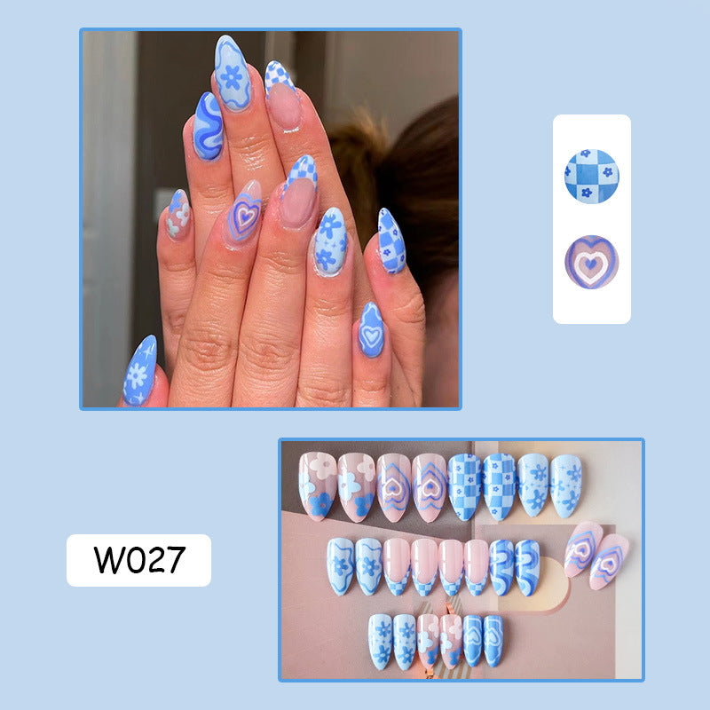 天蓝爱心穿戴甲不规则nails 诺顾美甲片外贸假指甲杏仁甲美甲贴片