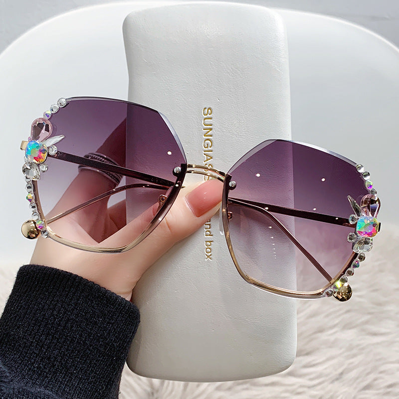 Women's fashion glasses 跨境大框水钻太阳镜无框防晒防紫外线墨镜个性女大脸显瘦带钻潮牌