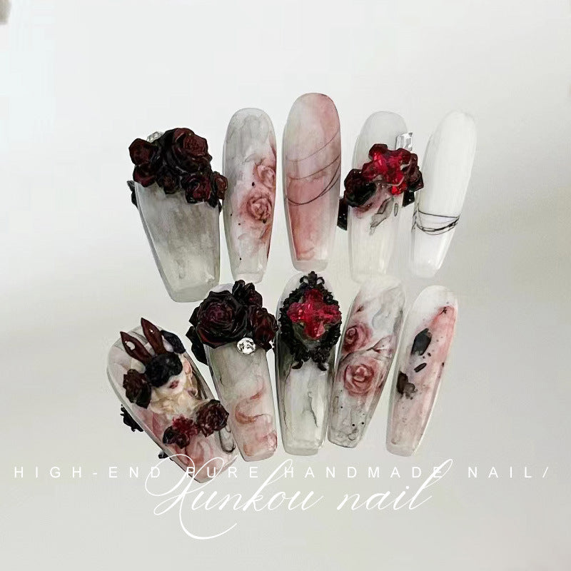(Hand-Made Nail) Pure Hand-Wear Nail Manicure Dark Blooming Red Rose Flash Drilling Detachable Heavy Hand-Painted