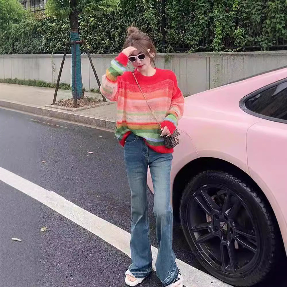 Dopamine tops Free shipping Tattoo 2024 autumn and winter new dopamine wear age-reducing rainbow knitted striped temperament soft waxy lazy wind loose sweater