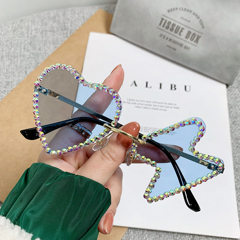 Women's fashion glasses 跨境太阳镜女欧美个性无框镶钻金属水钻墨镜舞会派对搞怪嘻哈眼镜