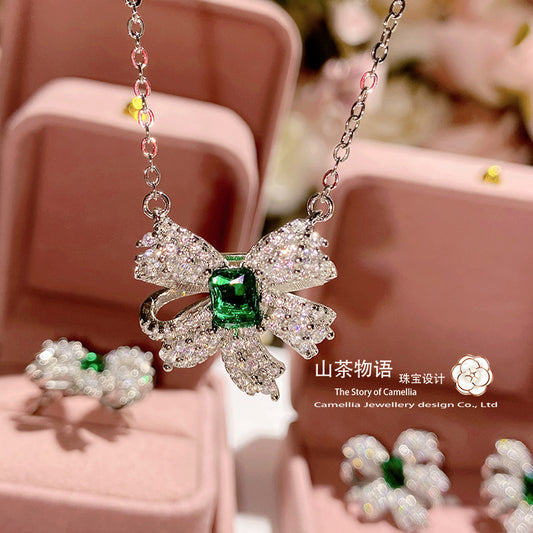 Camellia跨境绿尖晶蝴蝶结耳钉女镀金镶锆锁骨链彩宝套装一件代发