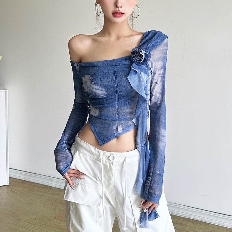 Free shipping  new women's clothing solid color slim-fitting street fashion diagonal collar long-sleeved top women tops